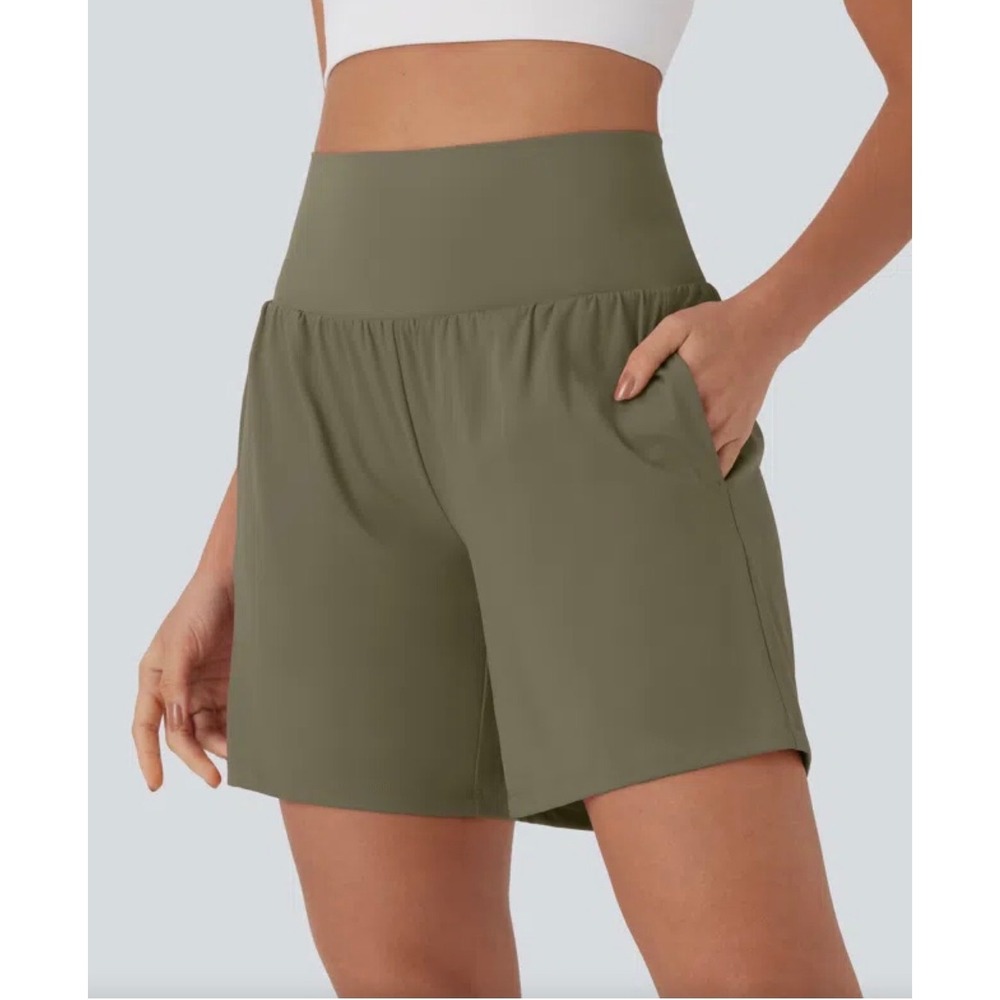 Halara SoftlyZero Airy 2-in-1 Flowy Shorts Olive Green XL NWT Pocket 7" Workout